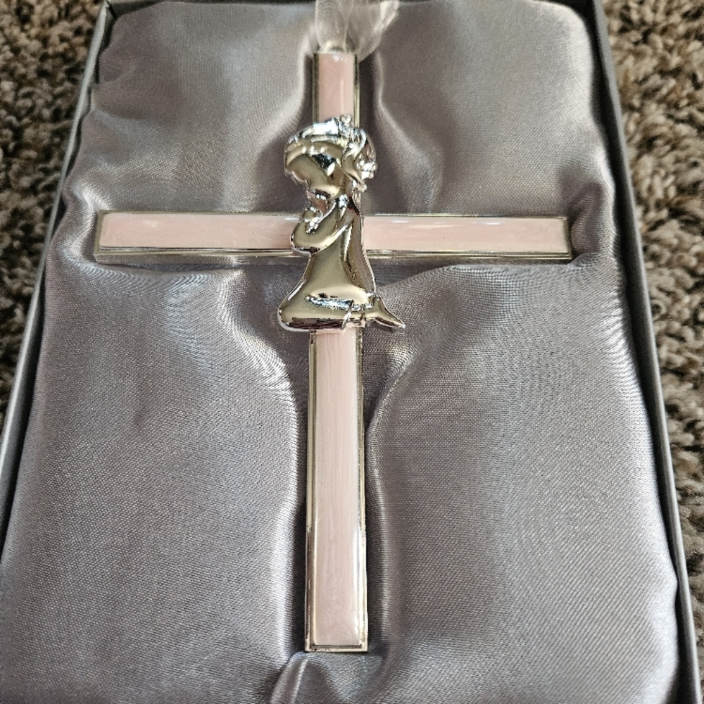 Silver and Pink Cross with Praying Child